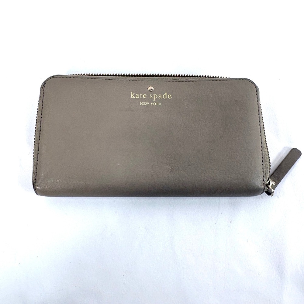Kate Spade Wallet Taupe Leather Zip Around Continental Stripe Lining PWRU3898